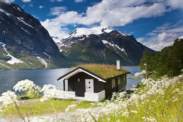 Традиційний норвезька будинок біля озера Eikesdalsvatnet — стокове фото