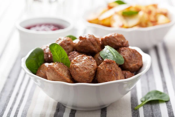 Meatballs with potatoes and lingon jam — Stock Photo, Image