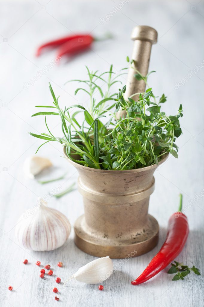 mortar with herbs and spices