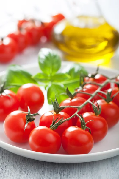 Çeri domates ve fesleğen — Stok fotoğraf