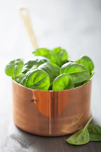 Baby spinazie bladeren in koperen pot — Stockfoto