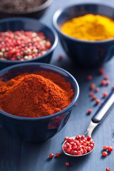 Spices in bowls: curry, pink and black pepper, paprika powder — Stock Photo, Image