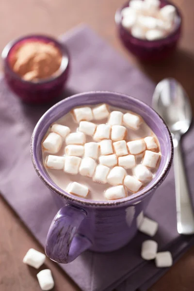 Varm choklad med mini marshmallows i lila mugg — Stockfoto