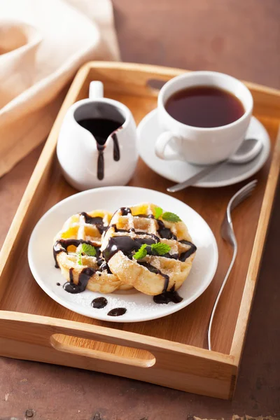 Belgické wafle s čokoládou a prášek cukru k snídani — Stock fotografie