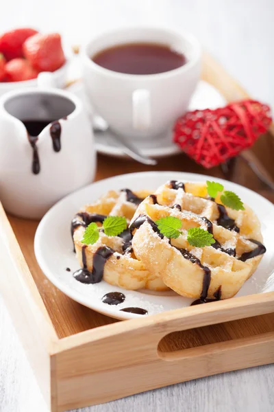 Belgian waffle with chocolate raspberry and hearts for Valentine — Stock Photo, Image