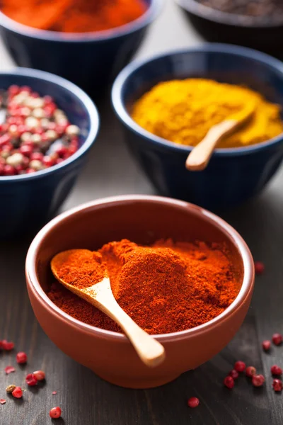 Mausteet kulhoissa: curry, pinkki ja mustapippuri, paprikajauhe — kuvapankkivalokuva