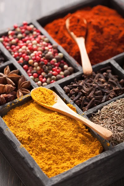 Kryddor i rutan rosa och svartpeppar, paprikapulver, curry, bay — Stockfoto