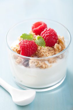 sağlıklı bir kahvaltı ile yoğurt granola ve ahududu
