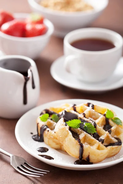 Belgian waffles with chocolate and powder sugar for breakfast — Stock Photo, Image