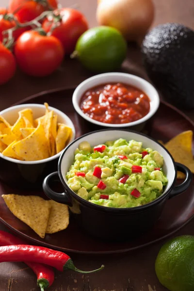 Guacamole avokádó, lime, chili és tortilla chips, salsa — Stock Fotó