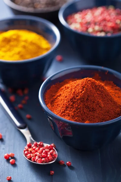 Spices in bowls: curry, pink and black pepper, paprika powder — Stock Photo, Image