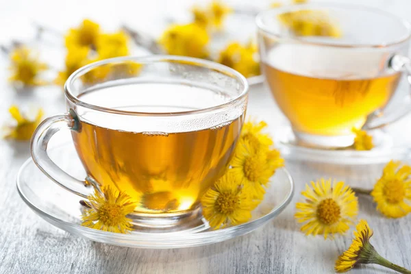 Herbal tea with coltsfoot flowers — Stock Photo, Image