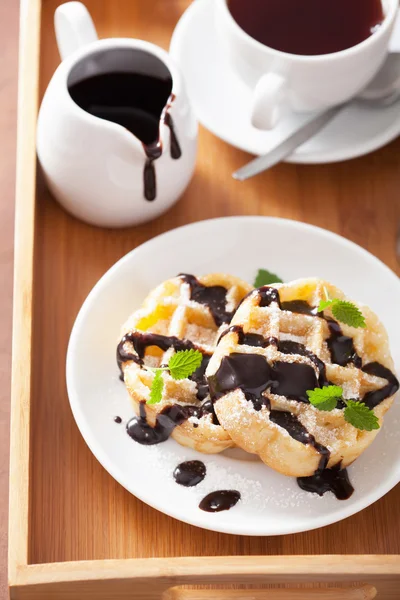 Belgian waffles with chocolate and powder sugar for breakfast — Stock Photo, Image