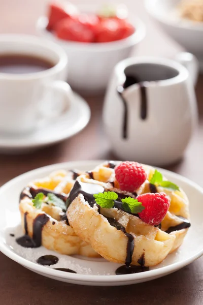 Belgian waffles with chocolate and raspberry for breakfast — Stock Photo, Image