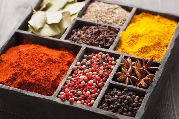 Spices in box pink and black pepper, ground paprika, curry, anise — Stock Photo, Image