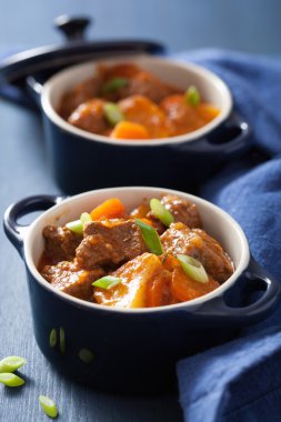 patates ve havuç mavi tencere ile sığır eti güveç