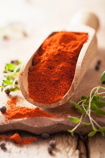 Uzemnění pro červenou paprika koření v dřevěná lopatka — Stock fotografie