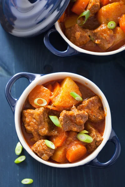 Stoofpot van rundvlees met aardappel en wortel in blauwe potten — Stockfoto