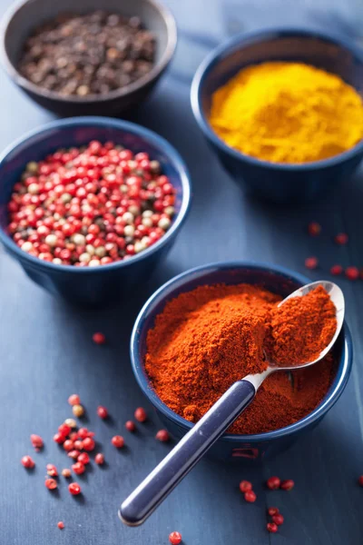 Spices in bowls: curry, pink black pepper, paprika powder — Stock Photo, Image
