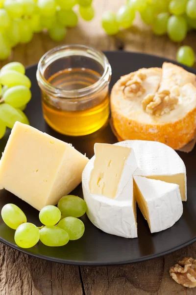 Plato de queso con camembert, cheddar, uvas y miel — Foto de Stock