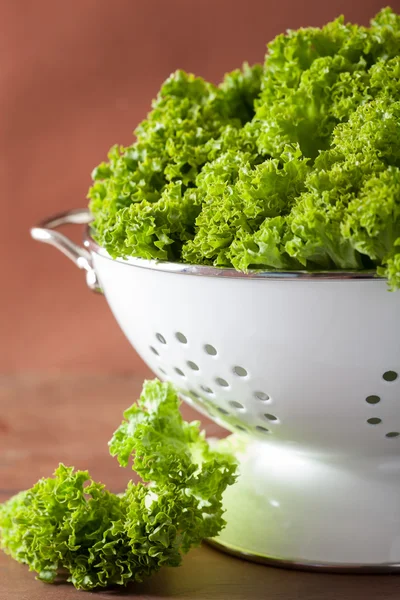 Fresh lettuce leaves in collander — Stock Photo, Image