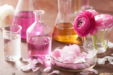 Simya ve aromaterapi tipik çiçekler ve şişe ile ayarla 