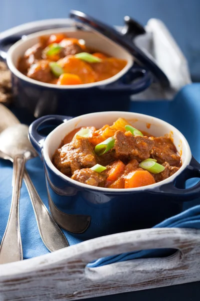 Ragoût de bœuf aux pommes de terre et aux carottes dans des pots bleus — Photo