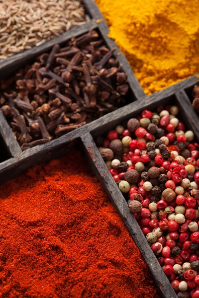 Spices in box pink and black pepper, ground paprika, curry, anis — Stock Photo, Image