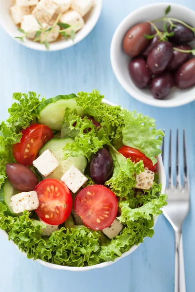 Zdravý salát s rajčaty, olivami a sýrem feta — Stock fotografie