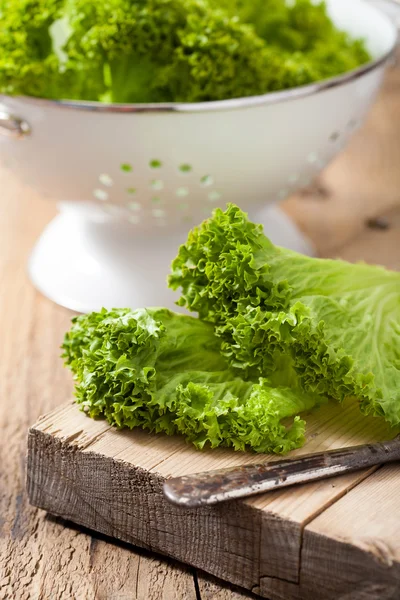 Fresh lollo leaves on chopping board for salad — Stock Photo, Image