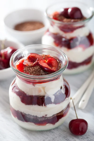 Gesundes Dessert mit Creme fraiche Marmelade und Schokolade — Stockfoto