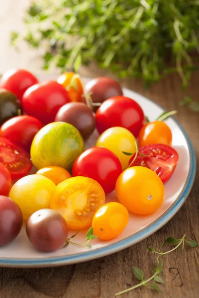 Tomates coloridos em placa no fundo de madeira — Fotografia de Stock