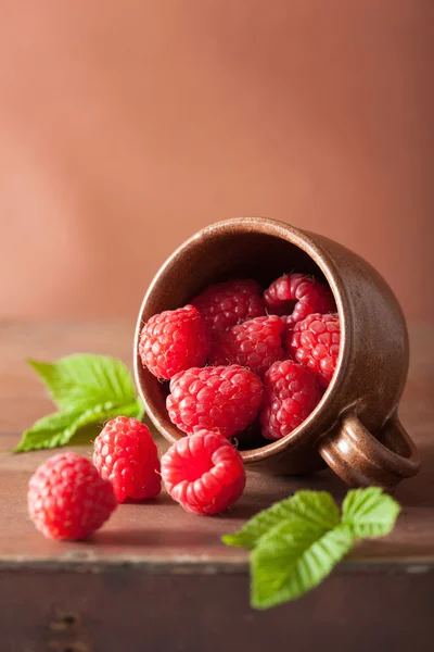 Frambuesa fresca en taza sobre fondo de madera — Foto de Stock