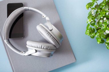 sesli kitap konsepti modern kablosuz kulaklıklar akıllı telefon rehberi