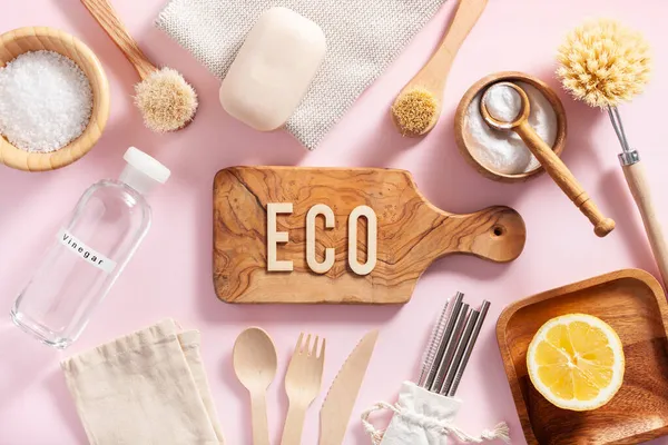 Zero Waste Eco Friendly Cleaning Concept Wooden Brushes Lemon Baking — Stock Photo, Image