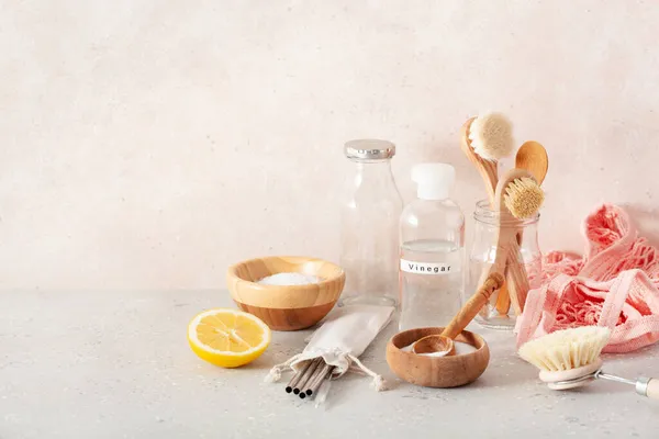 Zero Waste Eco Friendly Cleaning Kitchen Concept Wooden Brushes Lemon — Stock Photo, Image