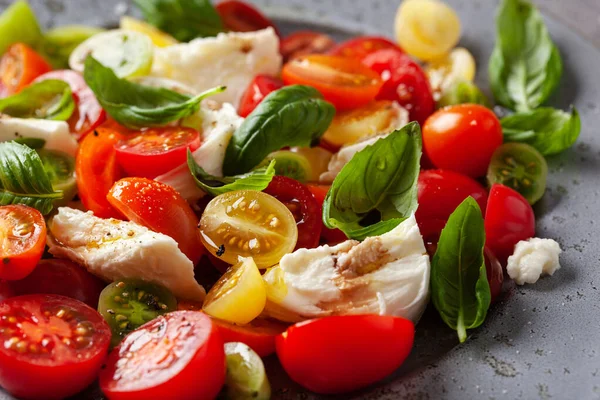 sağlıklı renkli domates mozzarella fesleğen salatası balzamik sirke soslu