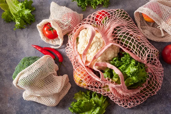 Verduras Frutas Bolsa Algodón Malla Reutilizable Concepto Residuos Cero Libre —  Fotos de Stock