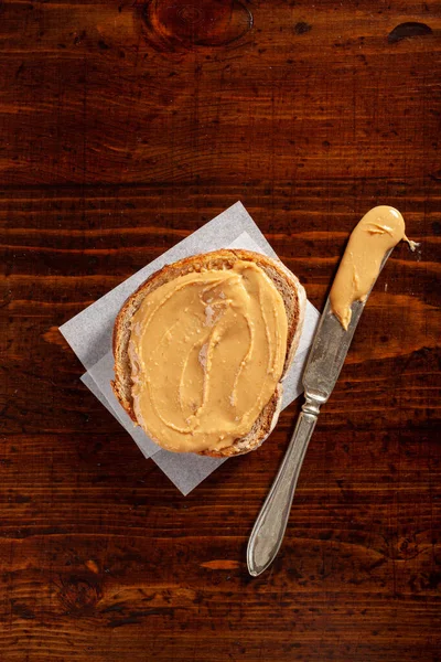 Smooth Peanut Butter Bread Toast Healthy Traditional Sandwich — Stock Photo, Image