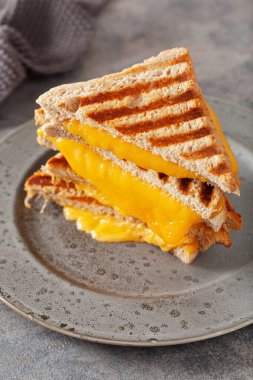 Gri beton arka planda ızgara peynirli sandviç.