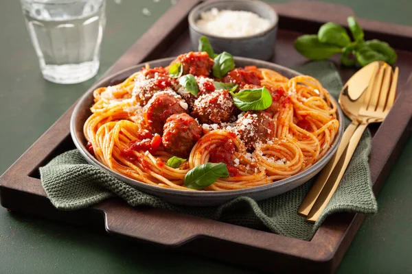 Spaghetti Met Gehaktballen Tomatensaus Italiaanse Pasta — Stockfoto
