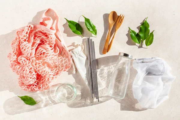 Zero Waste Eco Friendly Concept Reusable Cotton Bag Stainless Steel — Stock Photo, Image