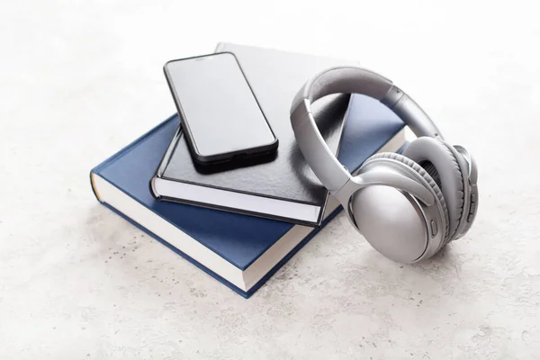 Audiobook Concept Modern Wireless Headphones Smartphone Book — Stock Photo, Image