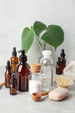 sıfır atık çevre dostu temizlik konsepti. Tahta fırçalar, kabartma tozu, sirke