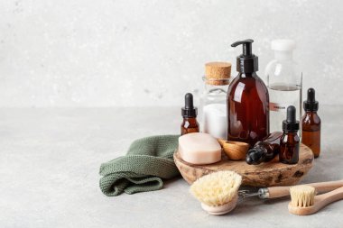 sıfır atık çevre dostu temizlik konsepti. Tahta fırçalar, kabartma tozu, sirke