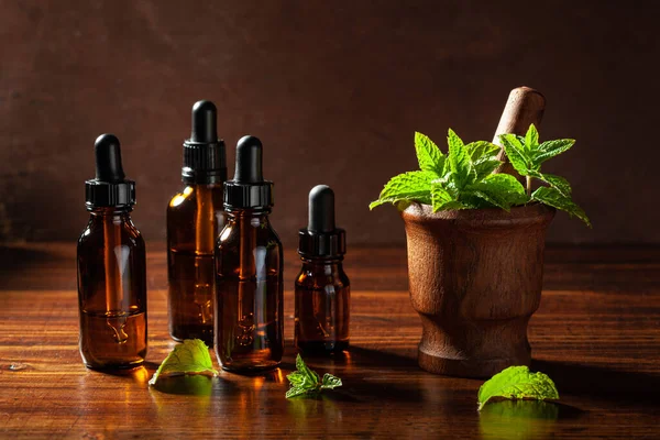 Fresh Mint Peppermint Herb Leaves Mortar Essential Oil Dropper Bottles — Stok fotoğraf