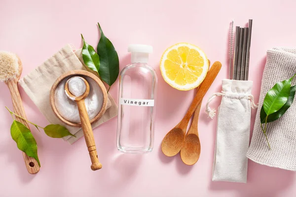 Zero Waste Eco Friendly Cleaning Kitchen Concept Wooden Brushes Lemon — Foto Stock