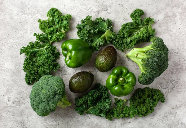 Rozmanité Zelené Zeleninové Papriky Kapusta Avokádo Brokolice — Stock fotografie