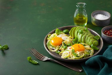Keto düşük karbonhidratlı kahvaltı fırında yumurta ve avokadoyla birlikte kabak.