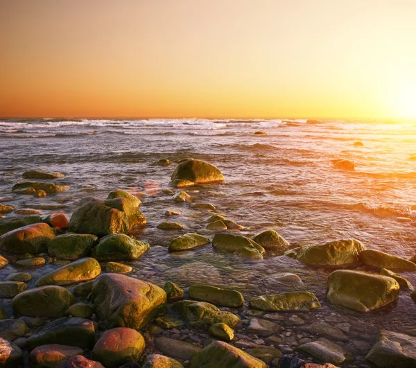 A naplemente a sziklás strand. — Stock Fotó